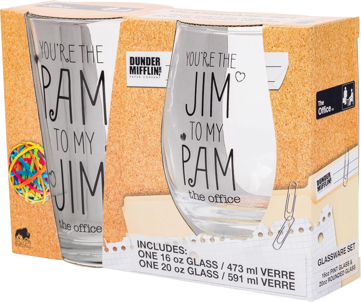 imageSilver Buffalo The Office Jim to my Pam 2pc 16oz Pint and 20oz Stemless Glass Set