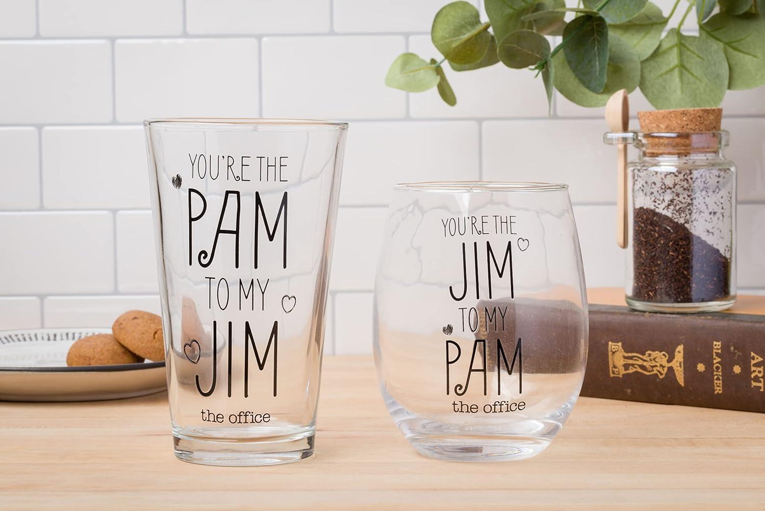 imageSilver Buffalo The Office Jim to my Pam 2pc 16oz Pint and 20oz Stemless Glass Set
