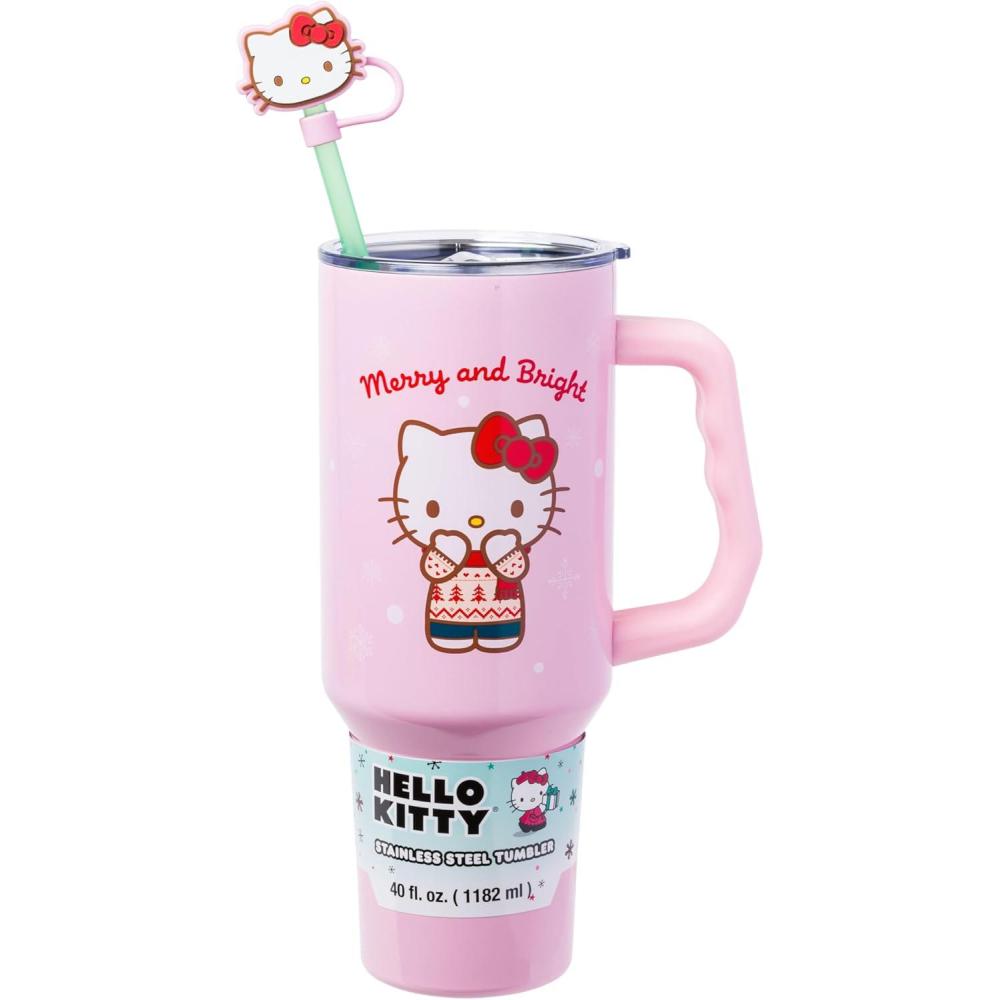 imageSilver Buffalo Sanrio Hello Kitty Christmas Holiday Sweater Merry and Bright Stainless Steel Tumbler with Handle Straw and Straw Cap Fits in Standard Cup Holder 40 Ounces