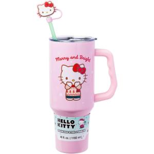 Silver Buffalo Sanrio Hello Kitty Christmas Holiday Sweater Merry and Bright Stainless Steel Tumbler with Handle, Straw, and Straw Cap, Fits in Standard Cup Holder, 40 Ounces