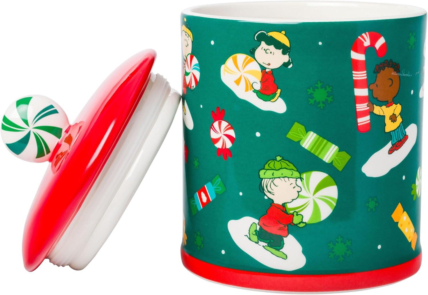 imageSilver Buffalo Peanuts Peppermint Dreams and Candy Cane Christmas Featuring Snoopy Charlie Brown Lucy Linus and Franklin Ceramic Cookie Snack Jar LargePeanuts Christmas Ceramic