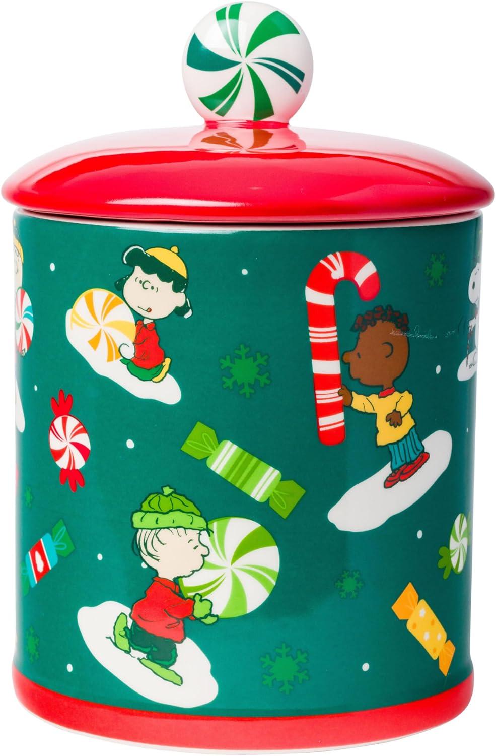 imageSilver Buffalo Peanuts Peppermint Dreams and Candy Cane Christmas Featuring Snoopy Charlie Brown Lucy Linus and Franklin Ceramic Cookie Snack Jar LargePeanuts Christmas Ceramic