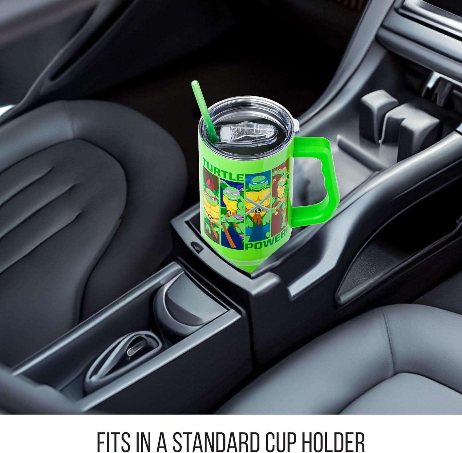 imageSilver Buffalo Teenage Mutant Ninja Turtles Turtle Power Stainless Steel Tumbler with Handle Featuring Leonardo Donatello Raphael and Michelangelo Fits in Standard Cup Holder 40 Ounces