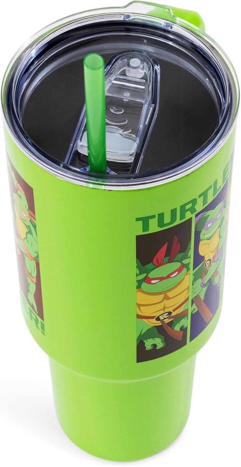 imageSilver Buffalo Teenage Mutant Ninja Turtles Turtle Power Stainless Steel Tumbler with Handle Featuring Leonardo Donatello Raphael and Michelangelo Fits in Standard Cup Holder 40 Ounces
