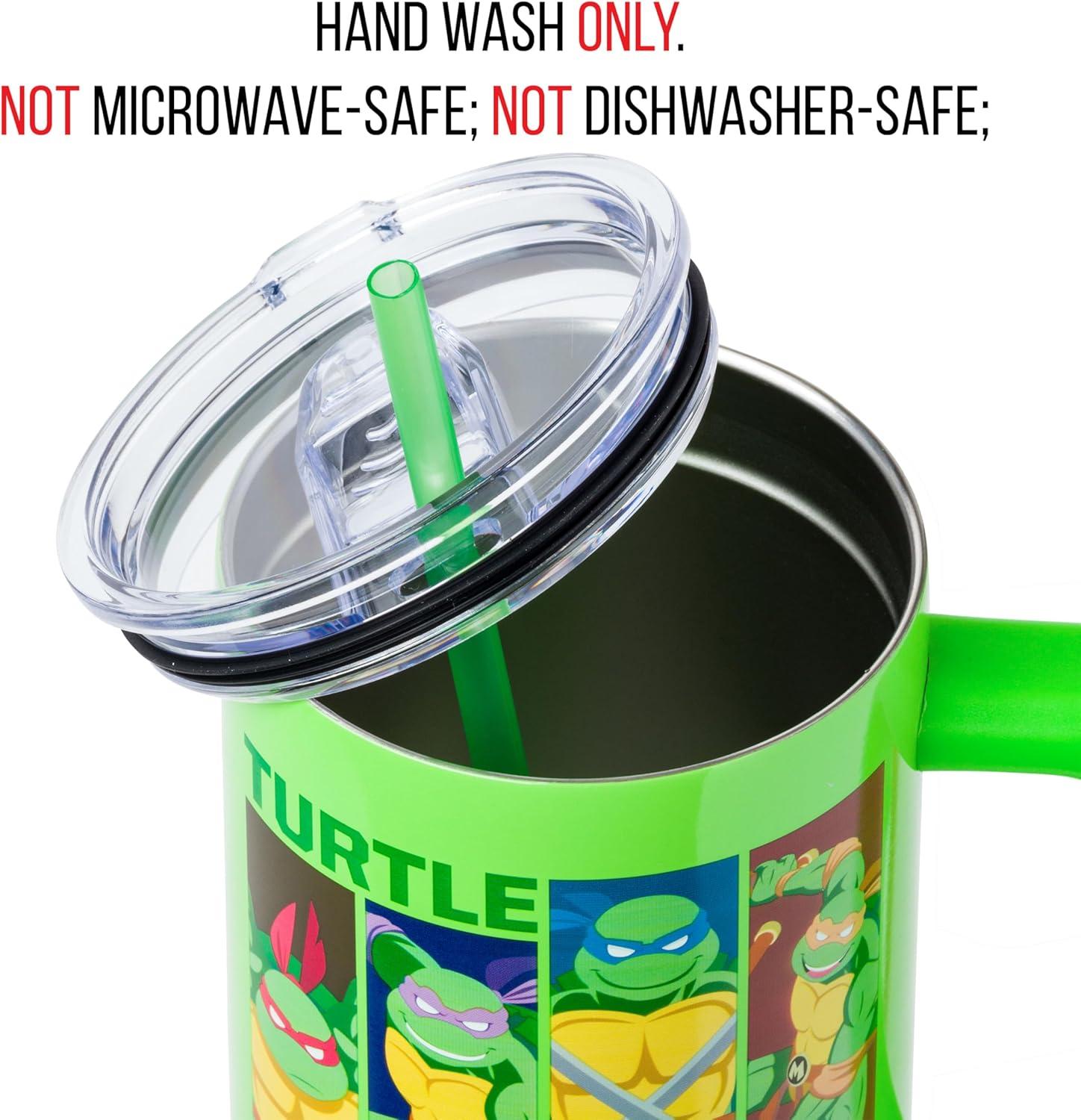 imageSilver Buffalo Teenage Mutant Ninja Turtles Turtle Power Stainless Steel Tumbler with Handle Featuring Leonardo Donatello Raphael and Michelangelo Fits in Standard Cup Holder 40 Ounces