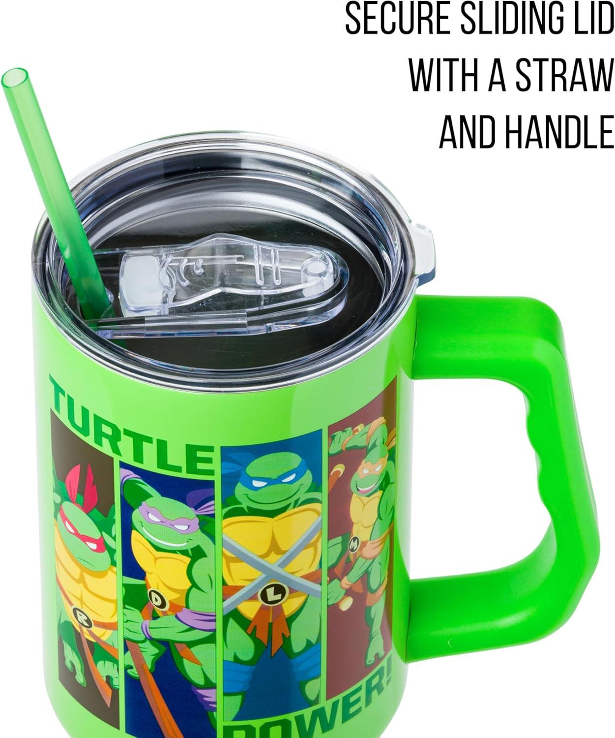 imageSilver Buffalo Teenage Mutant Ninja Turtles Turtle Power Stainless Steel Tumbler with Handle Featuring Leonardo Donatello Raphael and Michelangelo Fits in Standard Cup Holder 40 Ounces