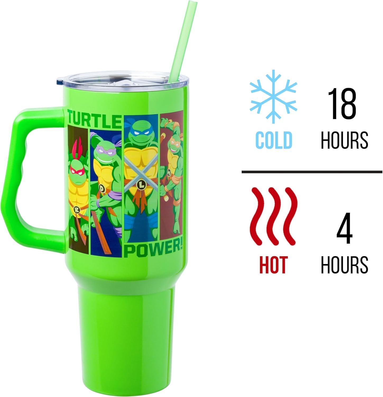 imageSilver Buffalo Teenage Mutant Ninja Turtles Turtle Power Stainless Steel Tumbler with Handle Featuring Leonardo Donatello Raphael and Michelangelo Fits in Standard Cup Holder 40 Ounces