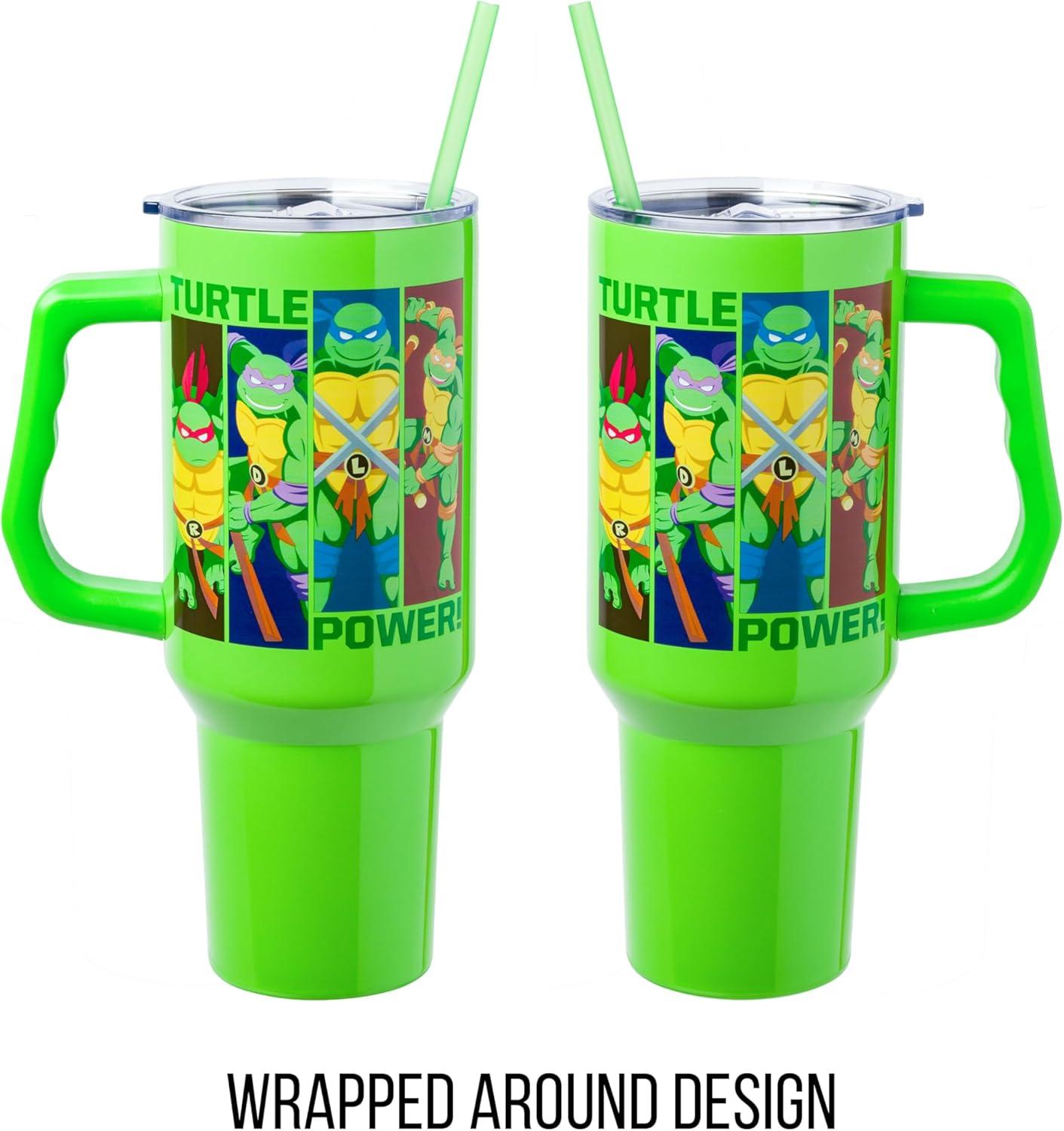 imageSilver Buffalo Teenage Mutant Ninja Turtles Turtle Power Stainless Steel Tumbler with Handle Featuring Leonardo Donatello Raphael and Michelangelo Fits in Standard Cup Holder 40 Ounces