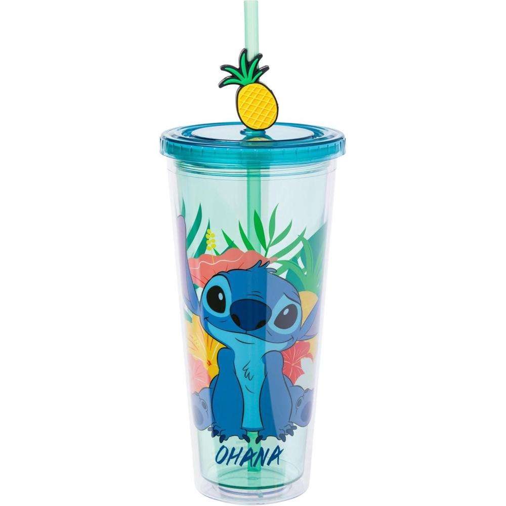 imageSilver Buffalo Lilo and Stitch Tropical Ohana Sitting 24oz Plastic Cold Cup wLid and Topper Straw