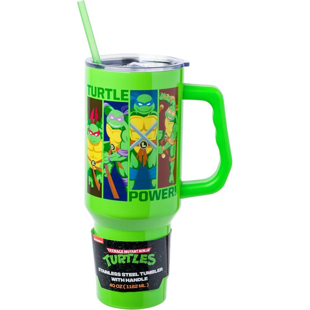 imageSilver Buffalo Teenage Mutant Ninja Turtles Turtle Power Stainless Steel Tumbler with Handle Featuring Leonardo Donatello Raphael and Michelangelo Fits in Standard Cup Holder 40 Ounces