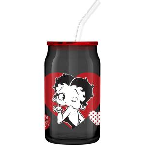 Silver Buffalo Betty Boop Core Winking Hearts 16oz Glass Tumbler w Plastic Lid and Glass Straw