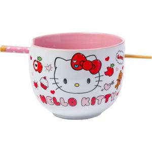 Silver Buffalo Sanrio Hello Kitty Apples and Hearts Doodles Ceramic Ramen Noodle Rice Bowl with Chopsticks, Microwave Safe, 20 Ounces