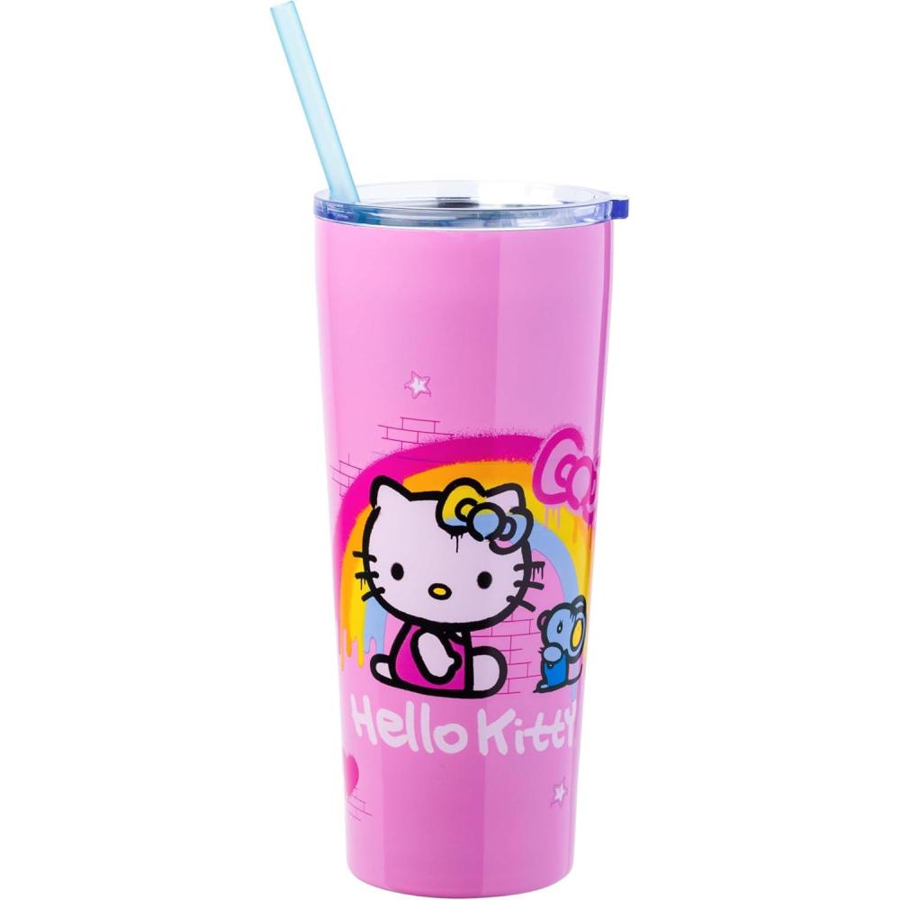 imageSilver Buffalo Sanrio Hello Kitty Graffiti Double Walled Stainless Steel Tumbler with Straw Featuring Hello Kitty and Joey 22 Ounces