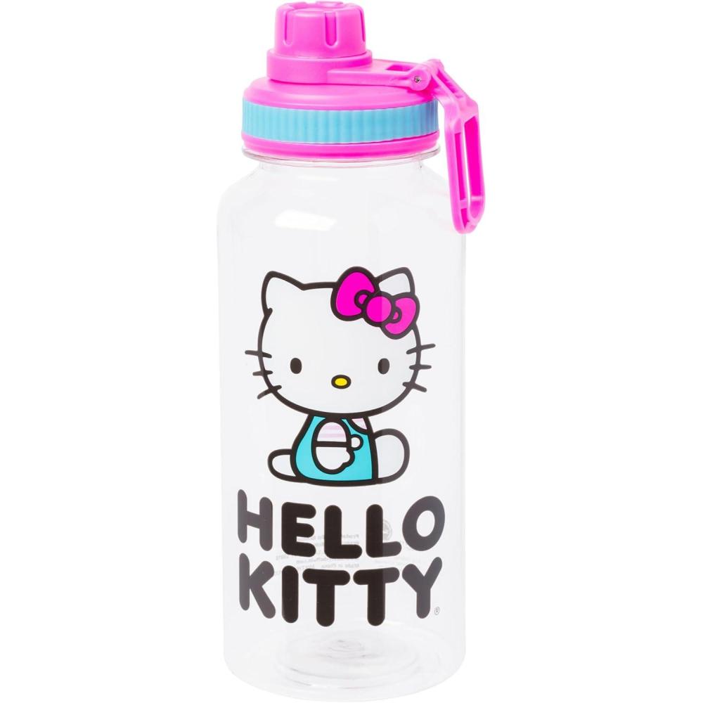 imageSilver Buffalo Sanrio Hello Kitty Twist Spout Plastic Bottle with Sticker Set 32 Ounce