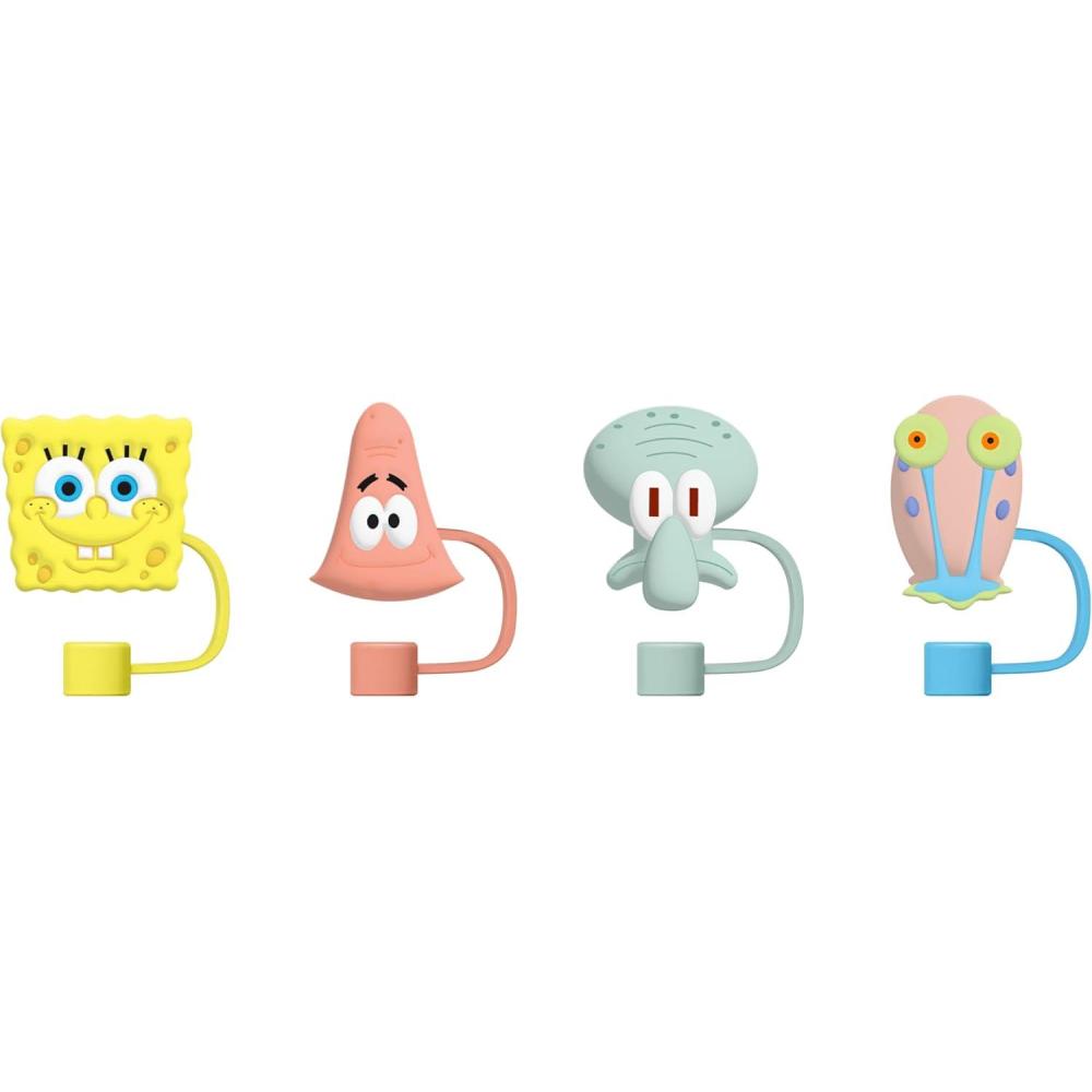 imageSilver Buffalo Spongebob Patrick Gary and Squidward Faces Reusable Plastic Molded Straw Cover Cap 4pk Set