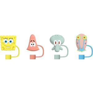Silver Buffalo Spongebob Patrick Gary and Squidward Faces Reusable Plastic Molded Straw Cover Cap 4pk Set