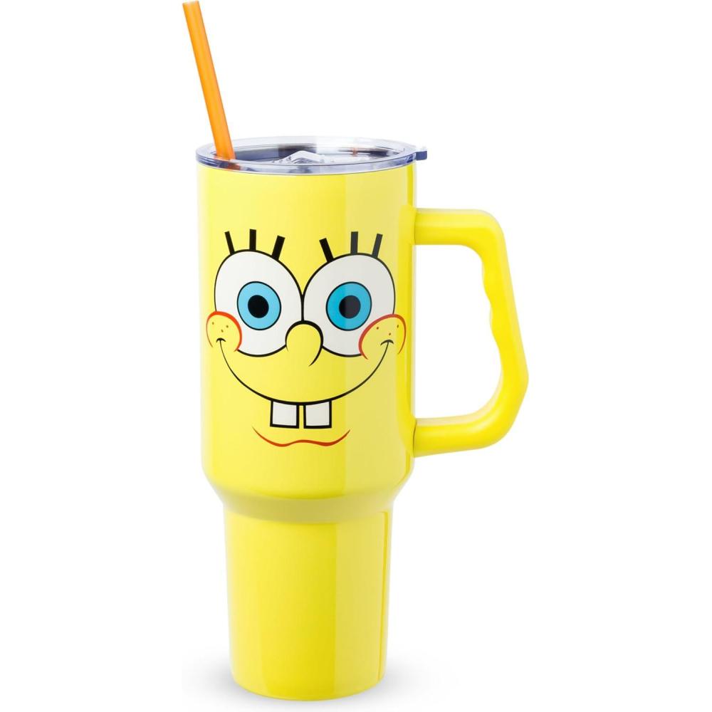 imageSilver Buffalo Spongebob Squarepants Jellyfishing in Bikini Bottom Double Walled Stainless Steel Tumbler with Handle Straw and Straw Cap Fits in Standard Cup Holder 40 OuncesSpongebob Squarepants Smiling