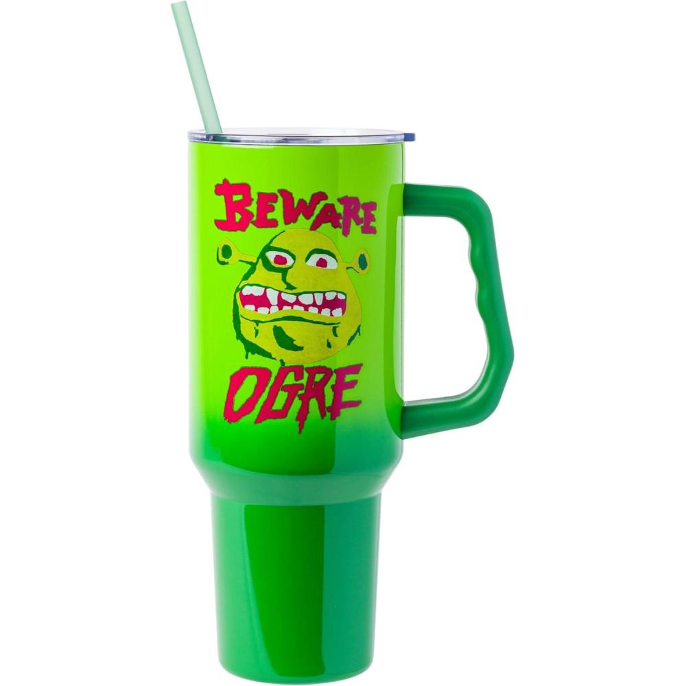 imageSilver Buffalo Spongebob Squarepants Jellyfishing in Bikini Bottom Double Walled Stainless Steel Tumbler with Handle Straw and Straw Cap Fits in Standard Cup Holder 40 OuncesShrek