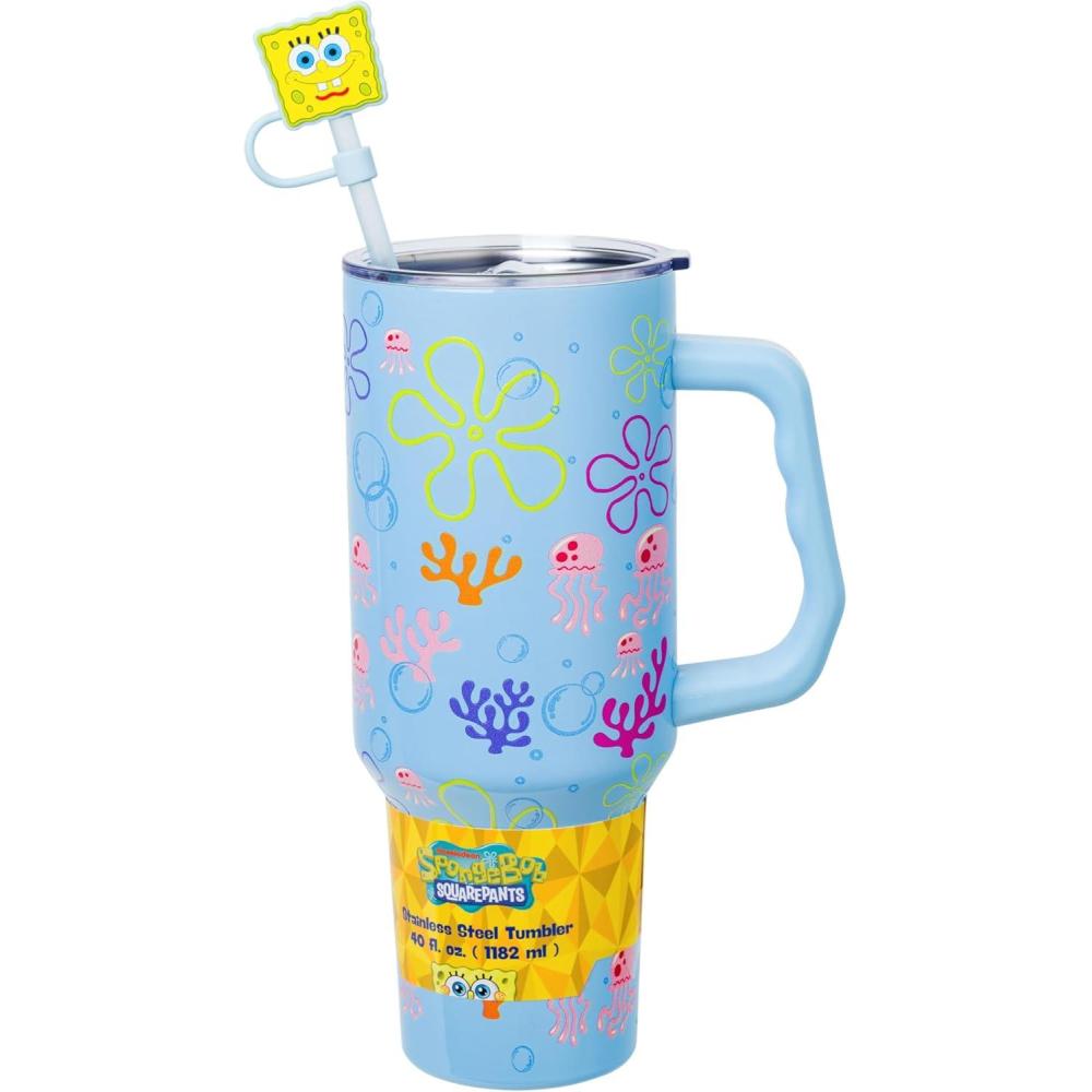 imageSilver Buffalo Spongebob Squarepants Jellyfishing in Bikini Bottom Double Walled Stainless Steel Tumbler with Handle Straw and Straw Cap Fits in Standard Cup Holder 40 OuncesSpongebob Squarepants Jellyfishing in Bikini Bottom