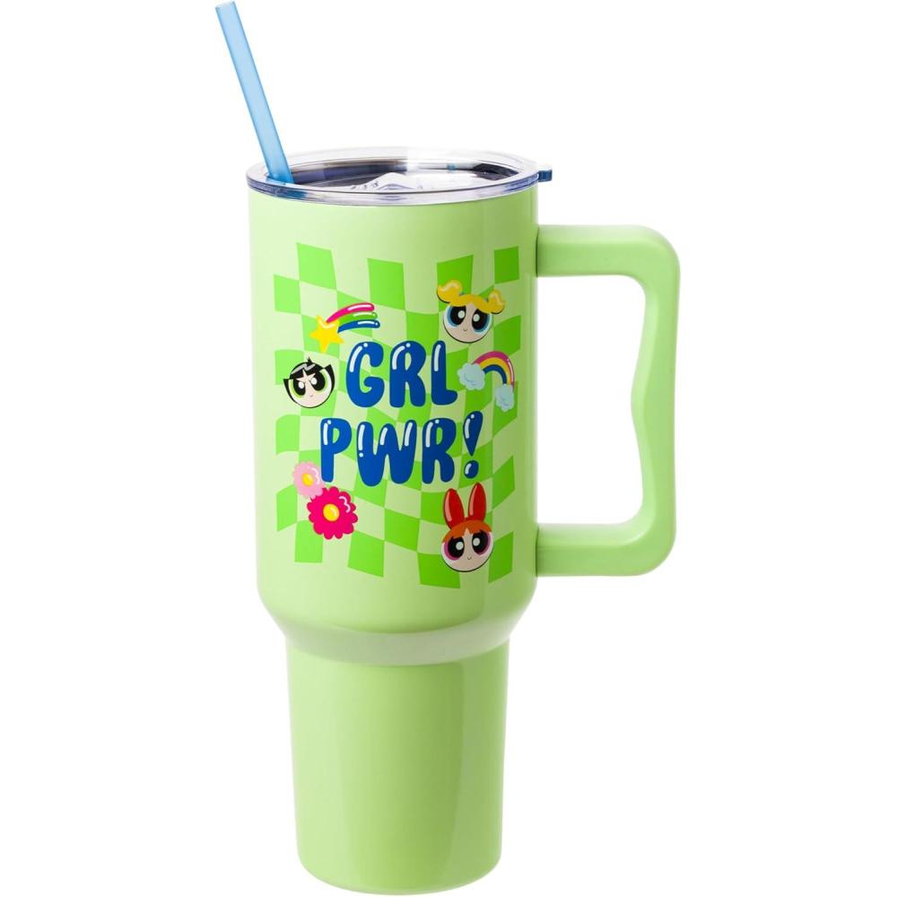 imageSilver Buffalo Spongebob Squarepants Jellyfishing in Bikini Bottom Double Walled Stainless Steel Tumbler with Handle Straw and Straw Cap Fits in Standard Cup Holder 40 OuncesPowerpuff Girls Groovy Girl Power