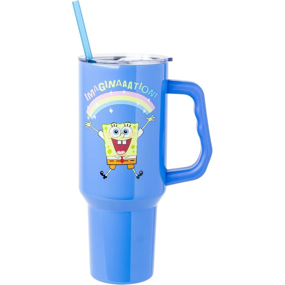 imageSilver Buffalo Spongebob Squarepants Jellyfishing in Bikini Bottom Double Walled Stainless Steel Tumbler with Handle Straw and Straw Cap Fits in Standard Cup Holder 40 OuncesSpongebob Squarepants Imagination