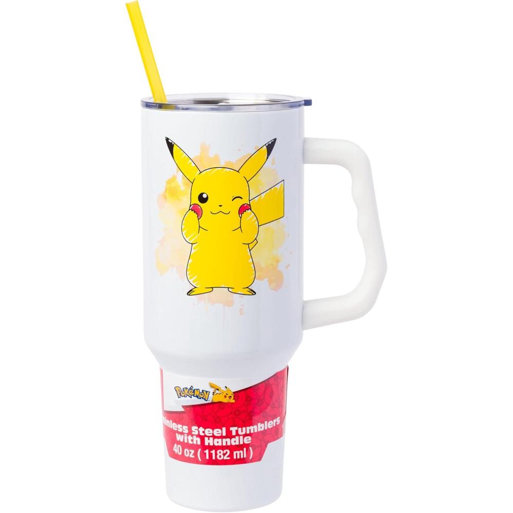 imageSilver Buffalo Spongebob Squarepants Jellyfishing in Bikini Bottom Double Walled Stainless Steel Tumbler with Handle Straw and Straw Cap Fits in Standard Cup Holder 40 OuncesPikachu Adorable Cheeks Pokemon