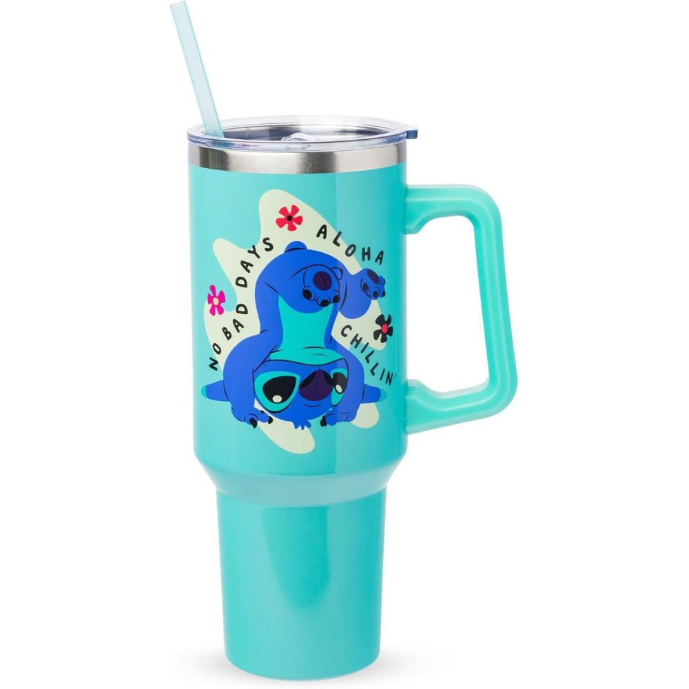 imageSilver Buffalo Spongebob Squarepants Jellyfishing in Bikini Bottom Double Walled Stainless Steel Tumbler with Handle Straw and Straw Cap Fits in Standard Cup Holder 40 OuncesDisney Lilo and Stitch Chillin