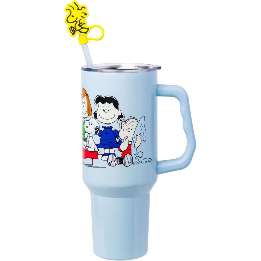 imageSilver Buffalo Spongebob Squarepants Jellyfishing in Bikini Bottom Double Walled Stainless Steel Tumbler with Handle Straw and Straw Cap Fits in Standard Cup Holder 40 OuncesPeanuts Gang
