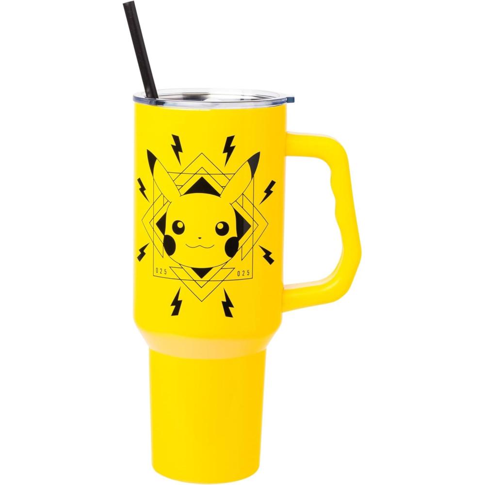 imageSilver Buffalo Spongebob Squarepants Jellyfishing in Bikini Bottom Double Walled Stainless Steel Tumbler with Handle Straw and Straw Cap Fits in Standard Cup Holder 40 OuncesPikachu Lightning Bolts Badge Pokemon