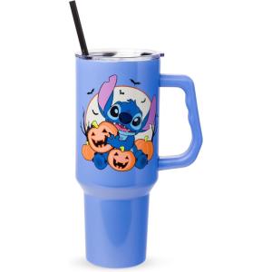 Silver Buffalo Spongebob Squarepants Jellyfishing in Bikini Bottom Double Walled Stainless Steel Tumbler with Handle, Straw, and Straw Cap, Fits in Standard Cup Holder, 40 Ounces(Lilo and Stitch Jack-O-Lantern)