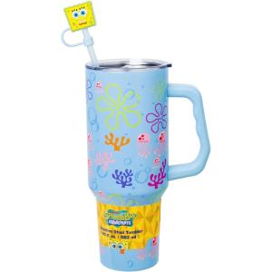 Silver Buffalo Spongebob Squarepants Jellyfishing in Bikini Bottom Double Walled Stainless Steel Tumbler with Handle, Straw, and Straw Cap, Fits in Standard Cup Holder, 40 Ounces(Spongebob Squarepants Jellyfishing in Bikini Bottom)
