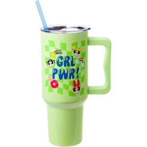 Silver Buffalo Spongebob Squarepants Jellyfishing in Bikini Bottom Double Walled Stainless Steel Tumbler with Handle, Straw, and Straw Cap, Fits in Standard Cup Holder, 40 Ounces(Powerpuff Girls Groovy Girl Power)