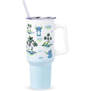 Silver Buffalo Spongebob Squarepants Jellyfishing in Bikini Bottom Double Walled Stainless Steel Tumbler with Handle, Straw, and Straw Cap, Fits in Standard Cup Holder, 40 Ounces(Lilo and Stitch Palm Tree Island Sketches)