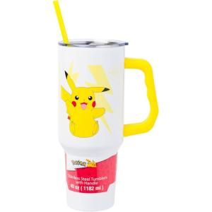 Silver Buffalo Spongebob Squarepants Jellyfishing in Bikini Bottom Double Walled Stainless Steel Tumbler with Handle, Straw, and Straw Cap, Fits in Standard Cup Holder, 40 Ounces(Pikachu Pokemon)
