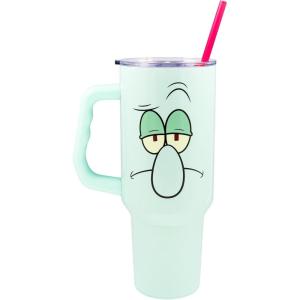 Silver Buffalo Spongebob Squarepants Jellyfishing in Bikini Bottom Double Walled Stainless Steel Tumbler with Handle, Straw, and Straw Cap, Fits in Standard Cup Holder, 40 Ounces(Squidward)