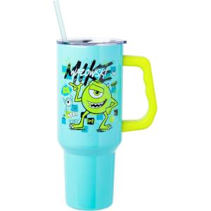Silver Buffalo Spongebob Squarepants Jellyfishing in Bikini Bottom Double Walled Stainless Steel Tumbler with Handle, Straw, and Straw Cap, Fits in Standard Cup Holder, 40 Ounces(Monsters Inc Mike Wazowski)