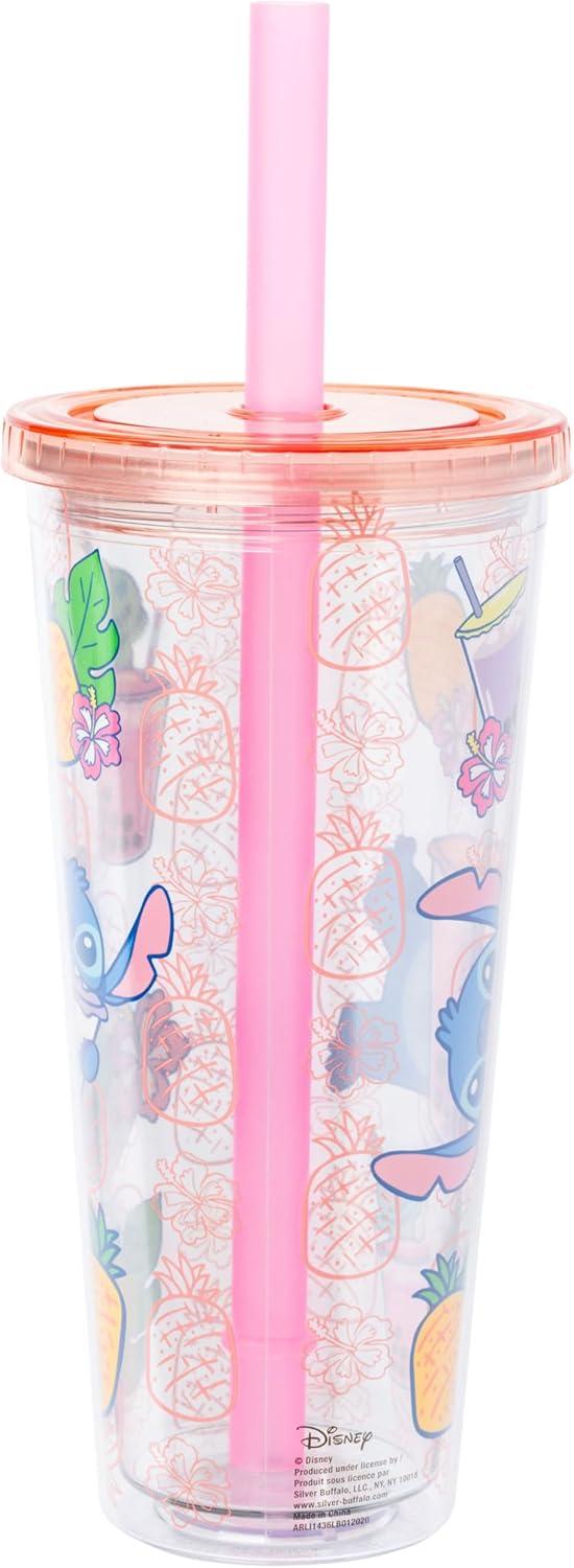 imageSilver Buffalo Disney Lilo and Stitch Plastic Boba Tumbler with Lid and Straw Featuring Stitch and Scrump 24 Ounces