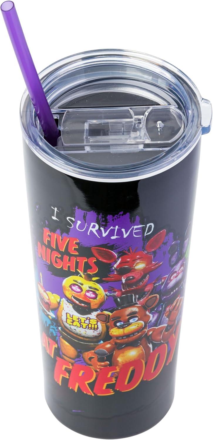 imageSilver Buffalo Five Nights at Freddys I Survived Group 22oz Double Walled Stainless Steel Tumbler w Straw