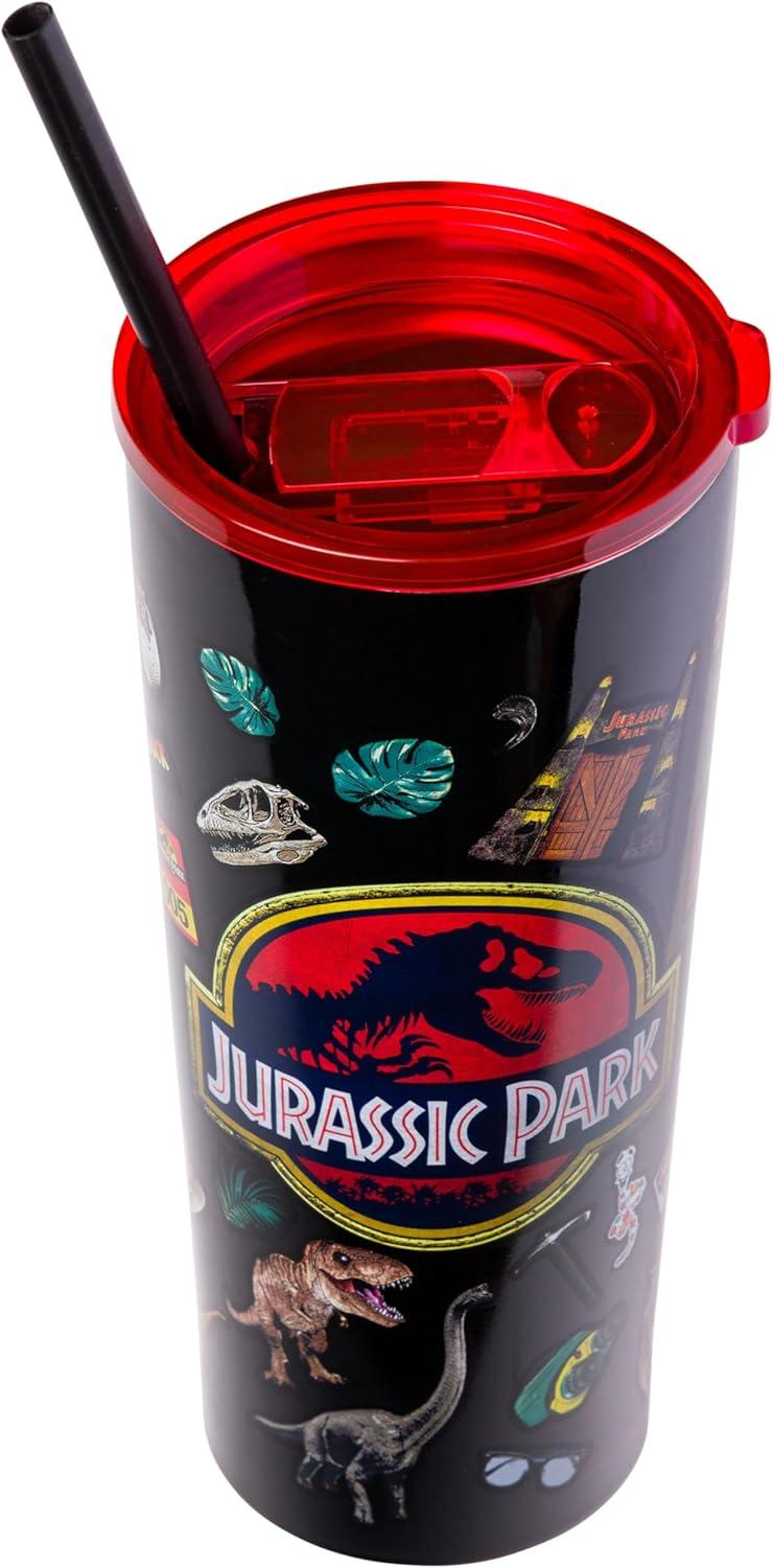 imageSilver Buffalo Jurassic Park Logo and Icons 22oz Double Walled Stainless Steel Tumbler W Straw