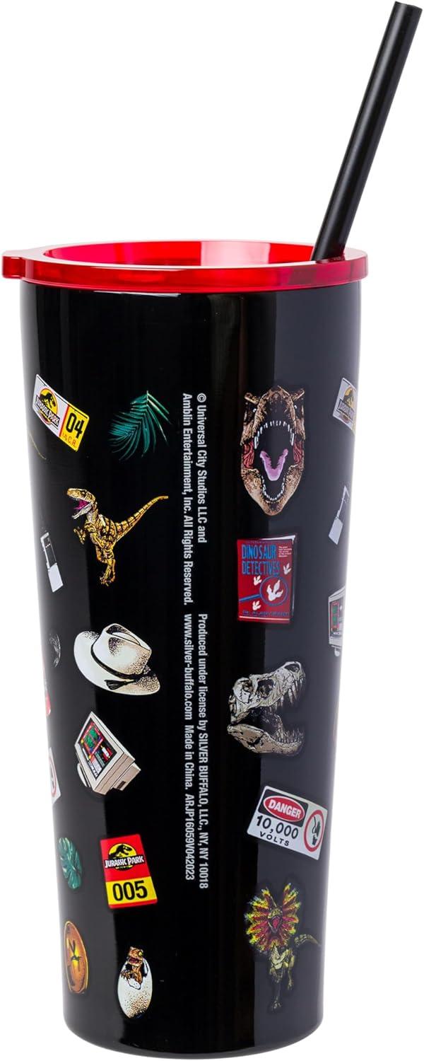 imageSilver Buffalo Jurassic Park Logo and Icons 22oz Double Walled Stainless Steel Tumbler W Straw