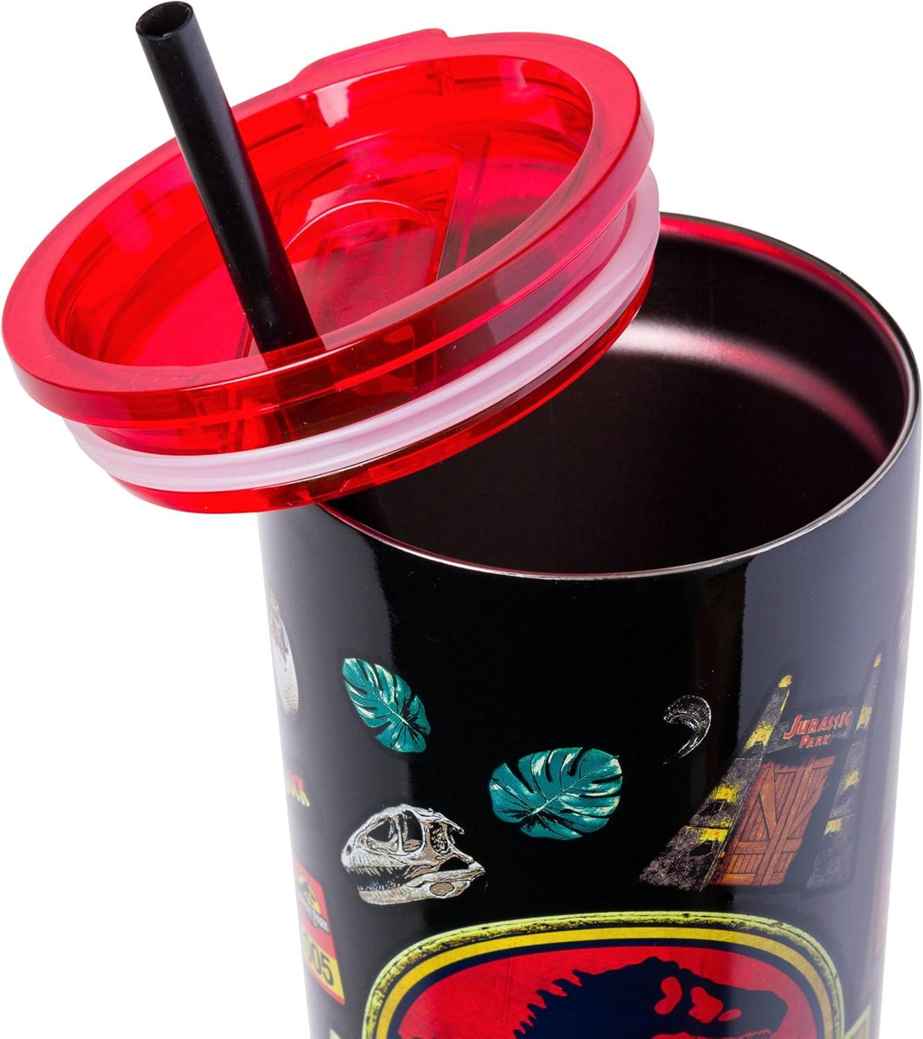 imageSilver Buffalo Jurassic Park Logo and Icons 22oz Double Walled Stainless Steel Tumbler W Straw