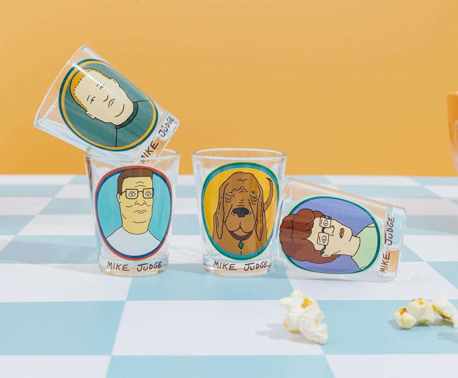 imageSilver Buffalo King of the Hill Character Faces 4 Pack Mini Glass Set Featuring Hank Hill Bobby Hill Peggy Hill and Lady Bird 15 Ounces