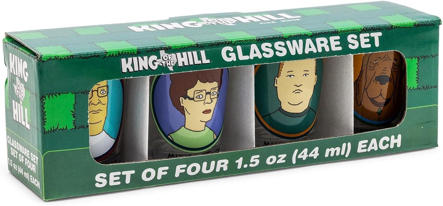 imageSilver Buffalo King of the Hill Character Faces 4 Pack Mini Glass Set Featuring Hank Hill Bobby Hill Peggy Hill and Lady Bird 15 Ounces