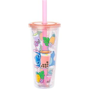 Silver Buffalo Disney Lilo and Stitch Plastic Boba Tumbler with Lid and Straw Featuring Stitch and Scrump, 24 Ounces