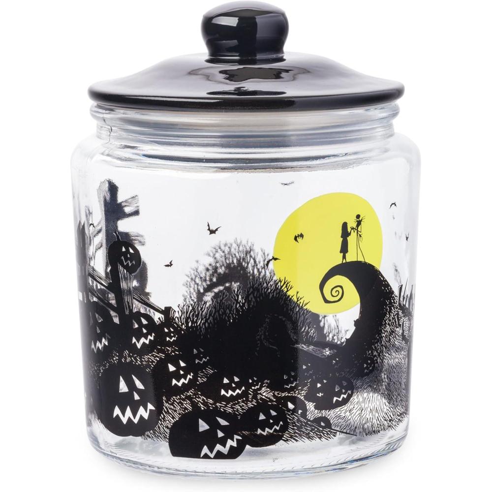 image:imageSilver Buffalo Disney Alice in Wonderland Flowers and Mushrooms Glass Cookie Snack Candy Jar with Lid SmallNightmare Before Christmas Moon Hill Graveyard Scene Small Glass