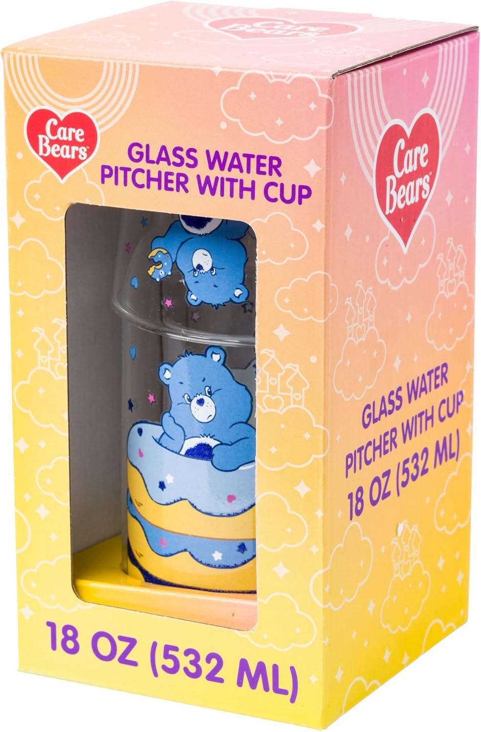 image:imageSilver Buffalo Care Bears Boxed Glitter Glass Water Pitcher with Cup Featuring Grumpy Bear 18 Ounces