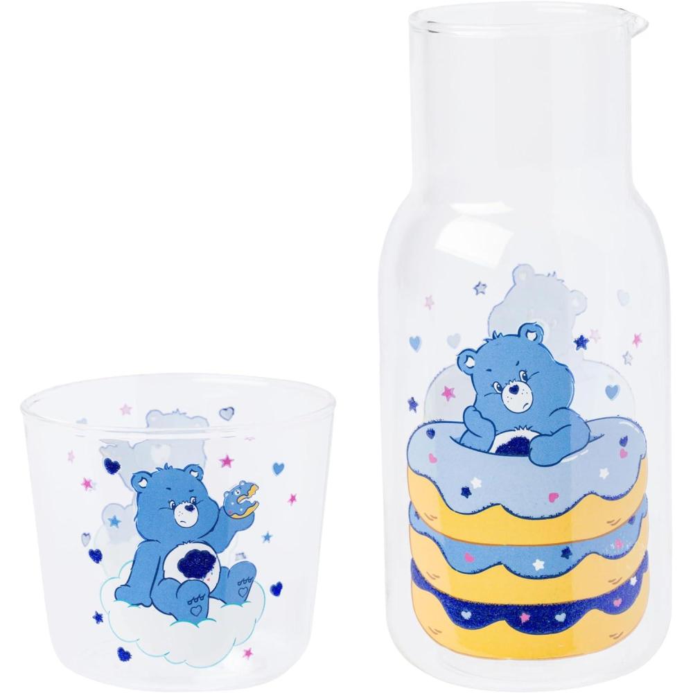image:imageSilver Buffalo Care Bears Boxed Glitter Glass Water Pitcher with Cup Featuring Grumpy Bear 18 Ounces