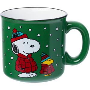 Silver Buffalo Peanuts Snoopy Woodstock Happy Dance Wax Resist 20oz Ceramic Camper Mug(Peanuts Snoopy and Woodstock Puffer Jacket (Camper))