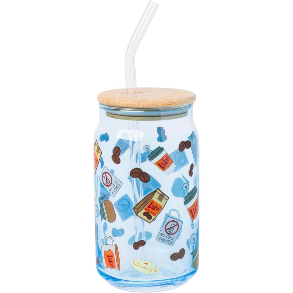 image:imageSilver Buffalo Gilmore Girls Glass Tumbler with Bamboo Lid and Glass Straw Featuring Lukes Diner Designs 16 Ounces