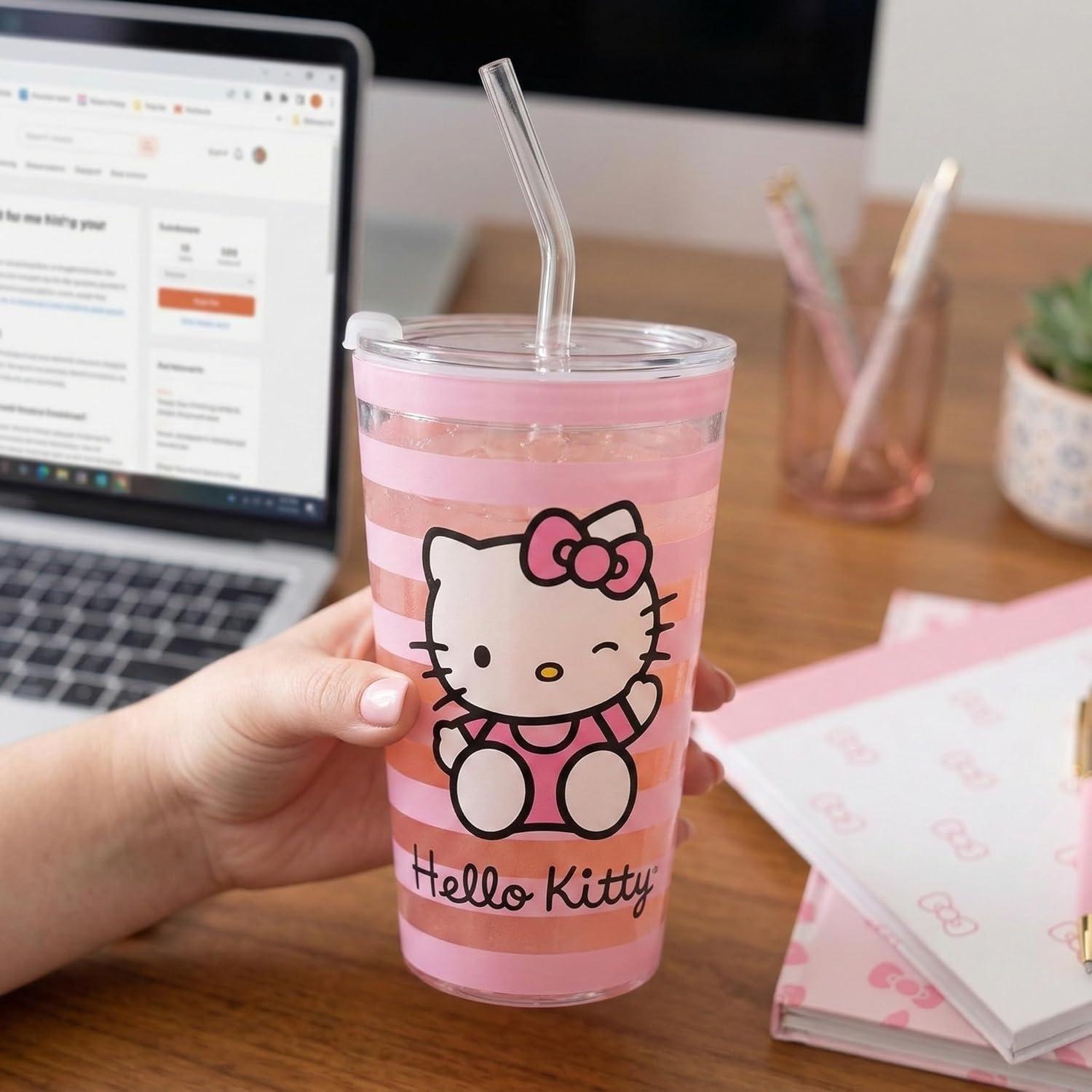 image:imageSilver Buffalo Hello Kitty Script Logo Pink 16oz Pint Glass w Lid and Glass StrawMulticolor